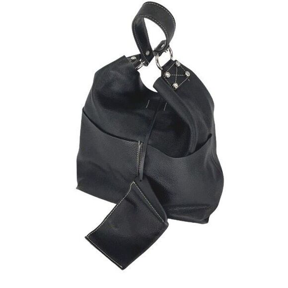 Faiez‎ Halabi Buenos Aires Womens Pebbled Leather Shoulder Hobo Bag Black Small